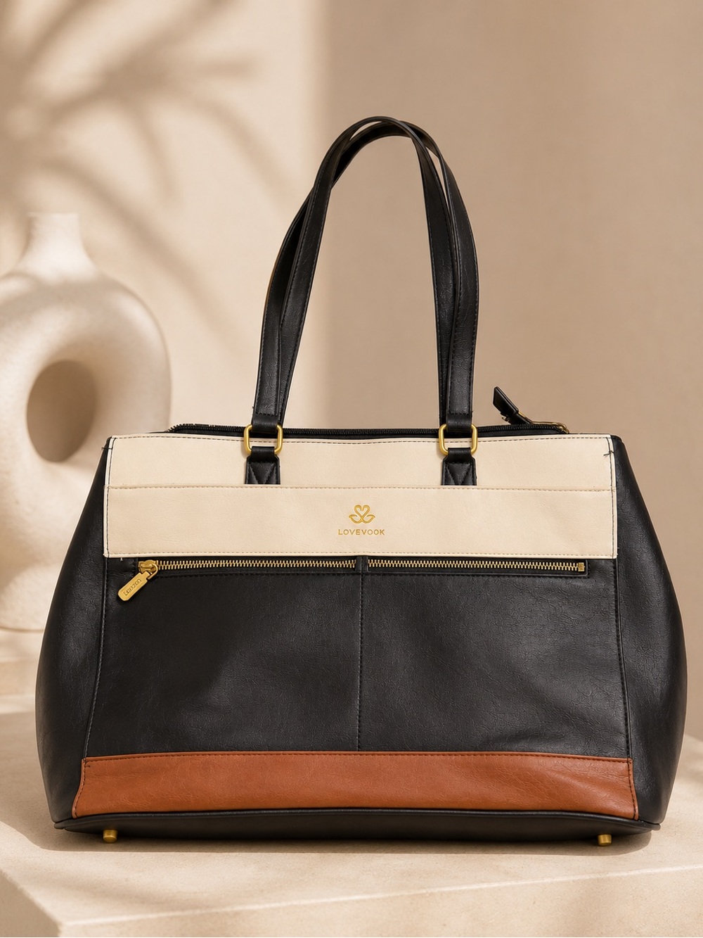 LOVEVOOK Black Cream Brown Laptop Work Tote Shoulder Bag